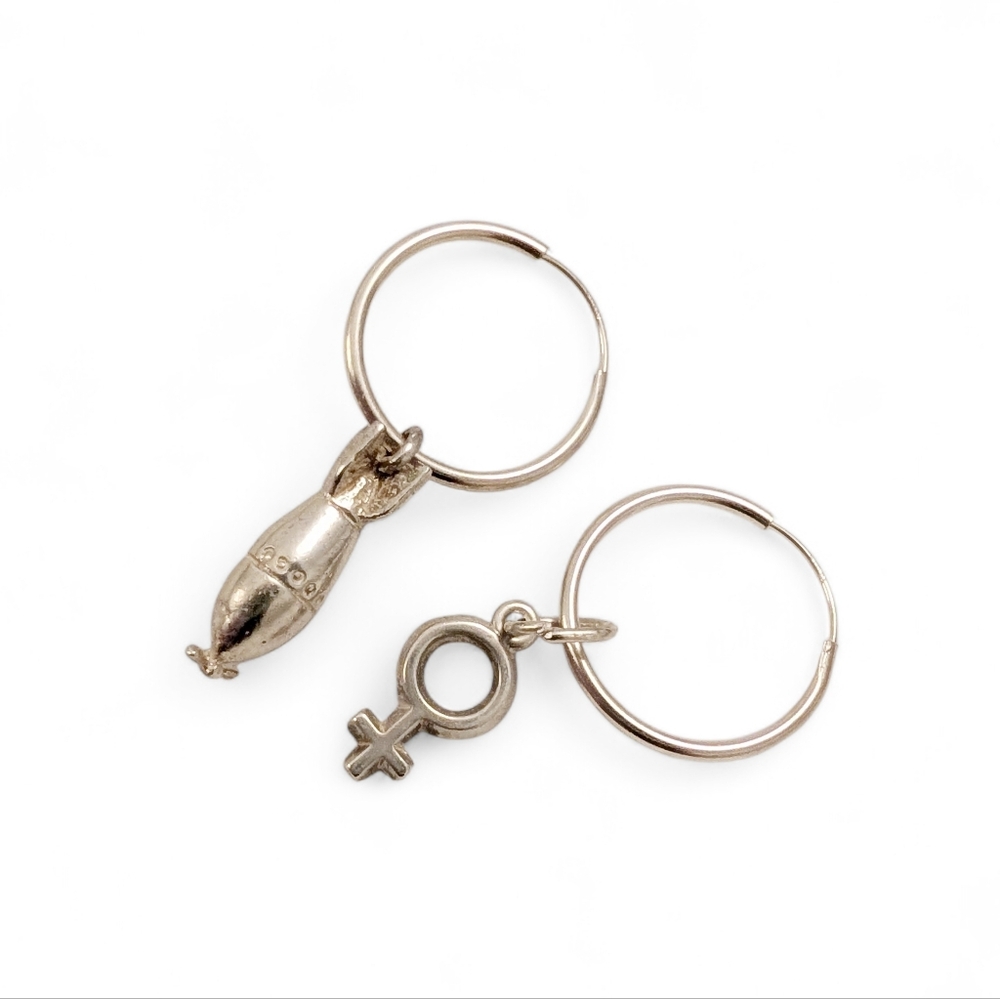 VINTAGE Sterling Charm Earrings Feminist Symbol Atomic Bomb Hoops Women Power